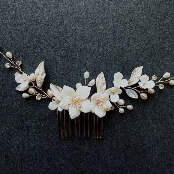 Bridal Pearl & Flower Hair Comb – Ivory Clay Floral Vine, Silver Accents - Picture 3 of 6